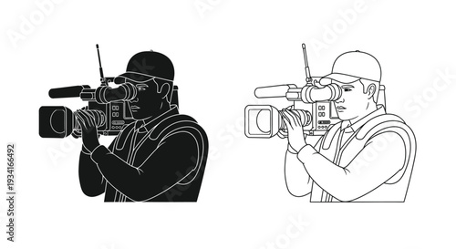 Two depictions of a cameraman operating professional broadcast equipment