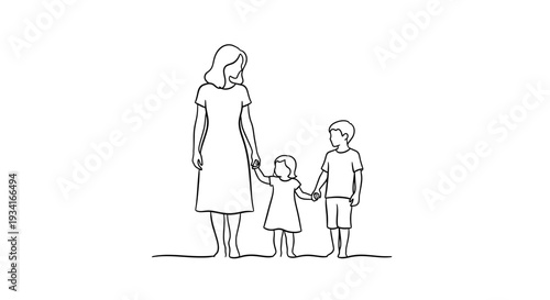 Continuous line drawing of a mother holding hands with her two children.