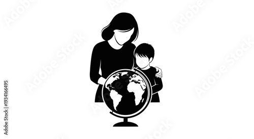 Mother and Child Looking at a Globe Together.