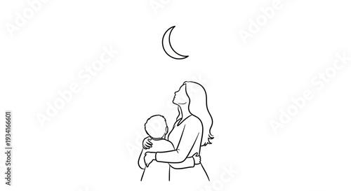 Mother holding baby under the moonlight in a simple line drawing.