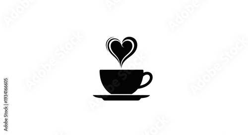 Black coffee cup with heart shaped steam on white background.