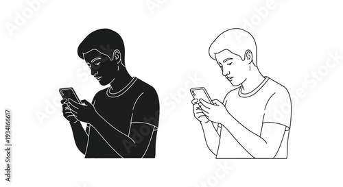 Two men looking at their mobile phones in contrasting line art styles