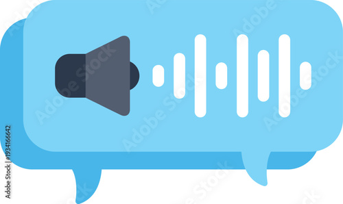 Modern flat design icon showing a sound wave and speaker in a chat bubble symbolizing voice messaging