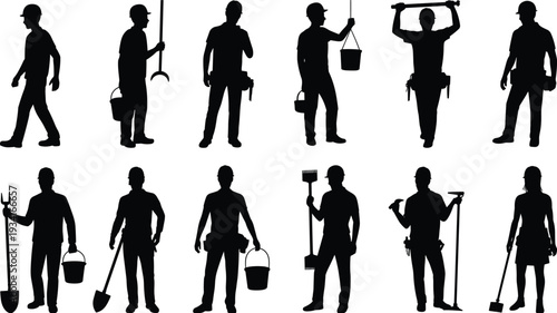 Construction workers silhouettes with tools and equipment, standing walking carrying bucket shovel rake hammer, isolated black vector illustration set