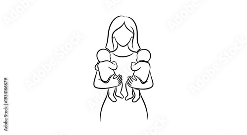 Mother holding triplets in her arms, simple line art illustration.
