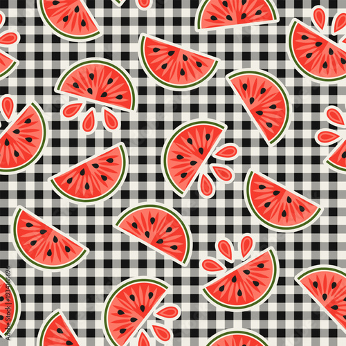 Seamless pattern with scattered watermelon wedges on checkered gingham background. Juicy slices. Flat simple design