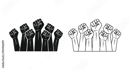 Raised fists in solidarity black and white graphic depictions