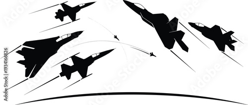Flat vector illustration of fighter jets flying in formation above horizon, symbolizing military aviation, aerial maneuvers, air force, defense, precision