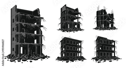 Black and white illustration of three destroyed building structures