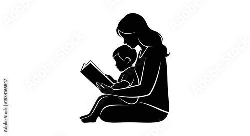 Mother reading a book to her child in a serene moment.