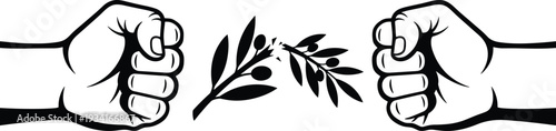 Flat vector illustration of fists breaking olive branch, symbolizing confrontation, hostility, fragile peace, rejection, aggression, political struggle