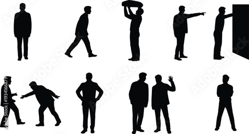 Set of business men silhouettes in dynamic poses, standing walking arguing pointing pushing wall carrying object, isolated black vector illustration collection