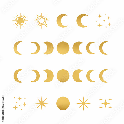 Elegant Golden Moon Phases and Celestial Stars Icon Set, Mystical Lunar Cycle Graphic for Astrology and Zen Design