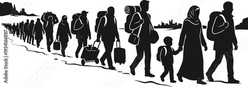 Flat vector illustration of migrants walking with belongings across barren landscape, symbolizing displacement, humanitarian crisis, survival, family journey, struggle