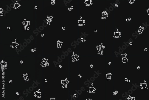 Modern White Line Art Coffee Seamless Pattern on Black Background, Cafe and Bistro Interior Design Element