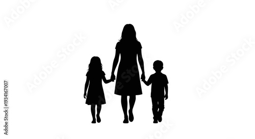 Silhouette of a mother holding hands with her two children.