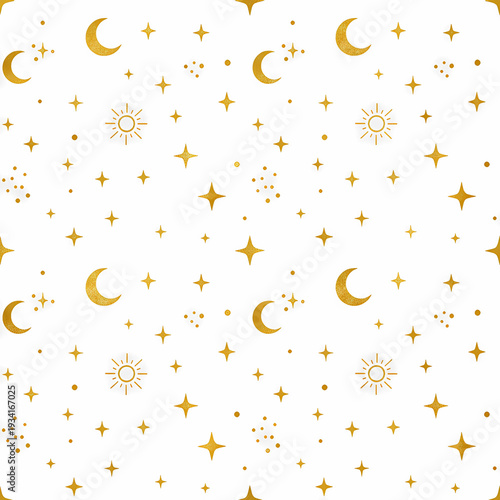 Dreamy Golden Moon and Stars Seamless Pattern on Pastel Pink Background, Mystical Celestial Wall Art