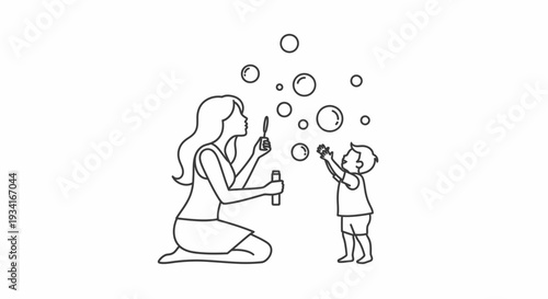 Mother and child playing with soap bubbles together happily outdoors.