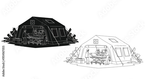 Field hospital tent with medical staff attending to a patient shown in two views