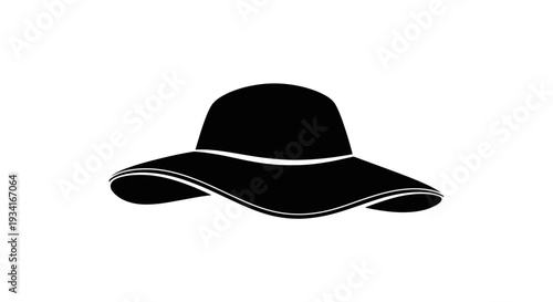 Black sun hat with wide brim and white trim on white background.