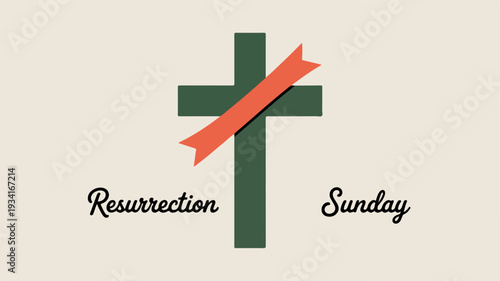 Easter resurrection sunday symbol with green cross and red ribbon on beige background