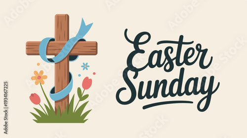 Easter sunday celebration with cross flowers and ribbon on beige background