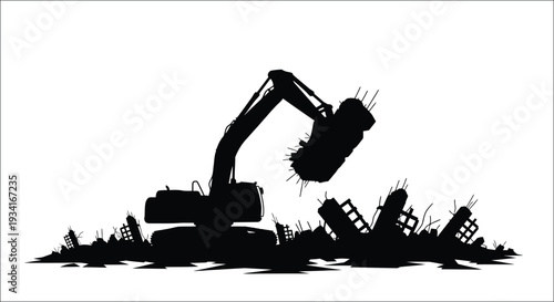 Silhouette of an excavator demolishing a building or structure