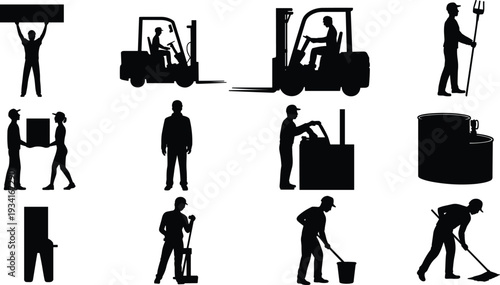 Warehouse and industrial worker silhouettes with forklift, box handling and cleaning tasks, isolated black vector illustration collection