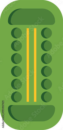Minimalist flat design illustration of a green inflatable raft with yellow safety lines