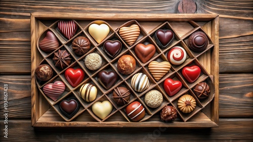 Rich assortment of heart-shaped chocolates arranged neatly in a decorative wooden box