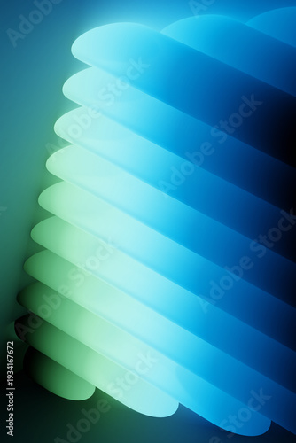 Abstract background of neon tubes glowing in green and blue. 3D rendering illustration.