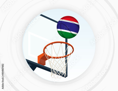Gambia Flag Themed Basketball in Motion, Scoring Moment in Basketball Game.