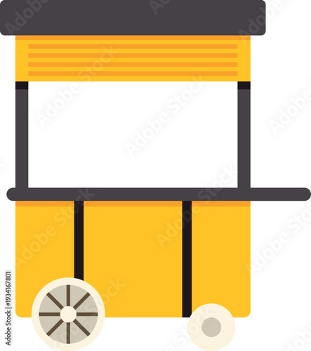Flat vector illustration of a yellow mobile street vendor cart on a white background