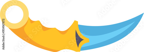 Colorful curved knife illustration featuring a bright yellow handle and blue blade on white background