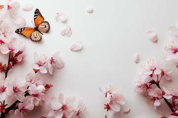 white background with white cherry blossom flowers and green leaves, a butterfly flying in the center of the frame, petals scattered around the border
