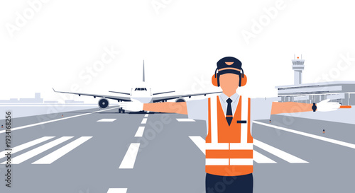 Airport Ground Crew Guiding Airplane on Runway with Control Tower and Terminal