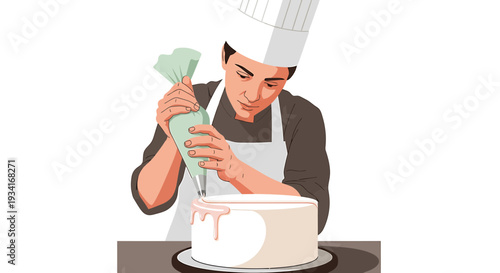 Baker Decorating Cake with Piping Bag - Professional Pastry Chef at Work