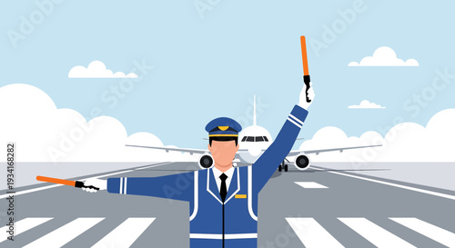 Airport Marshaller Guiding Airplane on Runway with Signal Wands