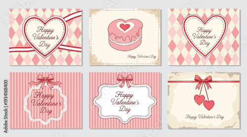 Collection of six valentines day cards with pink and white designs and ribbons on a light gray background