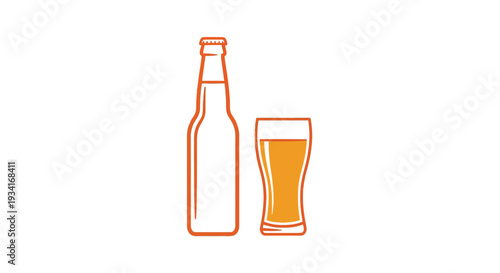 Simple line art vector illustration of an unopened beer bottle beside a freshly poured glass of golden amber ale