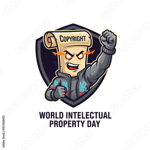 World Intellectual Property Day mascot copyright cartoon with fist raised