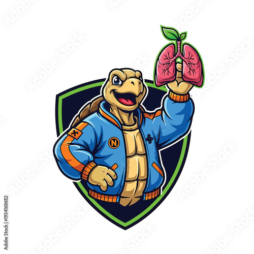 Cartoon Ninja Turtle Mascot with Lungs on Shield