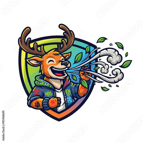 Cheerful deer mascot blowing wind leaves in shield