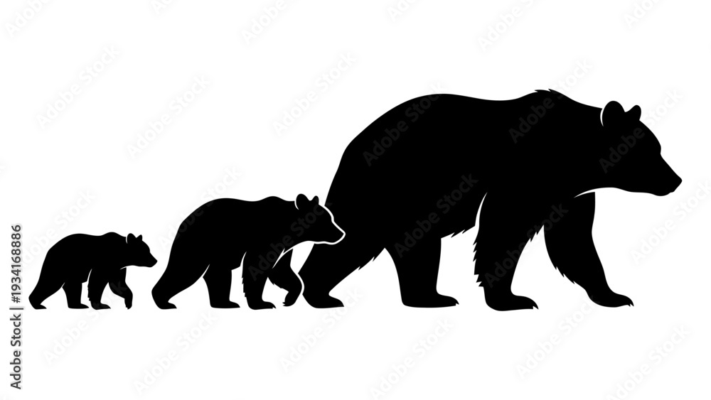 Fototapeta premium A black silhouette image of a large bear and two smaller bears walking in a line