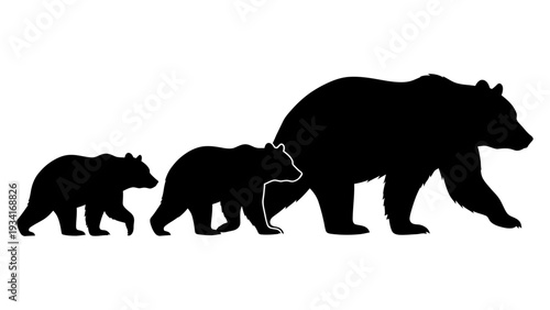 A black silhouette image of a mother bear and her two cubs walking in a line on a white background