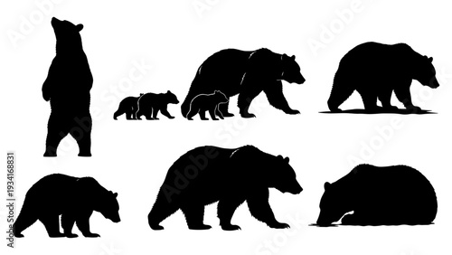 Collection of black bear silhouettes in different stances and sizes