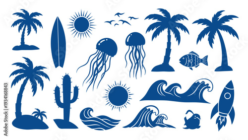 A set of blue silhouette icons featuring tropical beach elements, including palm trees, waves, sea creatures, and sunny weather