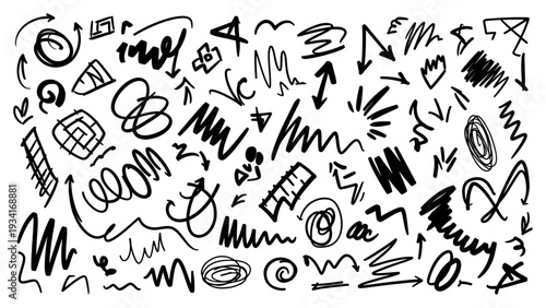A chaotic arrangement of abstract shapes, arrows, and symbols