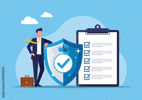 A confident businessman stands beside a large blue shield featuring a white checkmark and crown, illustrating total business security and compliance next to a giant clipboard with a checked task list