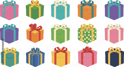 Colorful festive gift boxes collection with ribbons and bows, holiday celebration wrapping styles, decorative presents